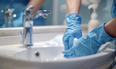 A woman wearing rubber gloves is cleaning the white sink with a rag