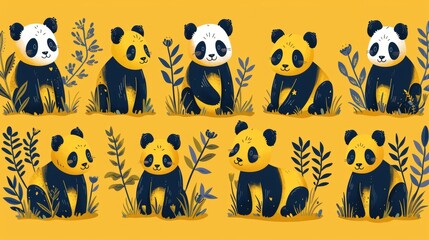An adorable set of super cute Panda doodle modern illustrations - obrazy, fototapety, plakaty