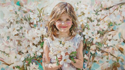 Obraz przedstawia małą dziewczynkę trzymającą bukiet kwiatów. Dziewczynka ma jasne włosy i uśmiecha się. Kwiaty są kolorowe i ułożone w bukiet