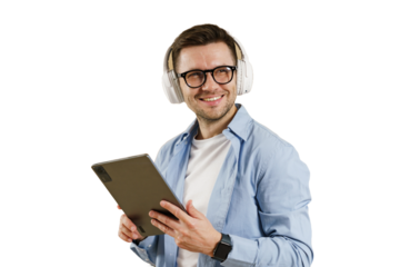 A man consultant with glasses uses a tablet, online work in an application, cut isolated