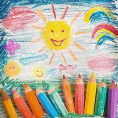 W grupie kolorowych ołówków, widzimy zarówno różnorodne kolory ołówków, jak i rysunek słońca stworzony przez dzieci - obrazy, fototapety, plakaty