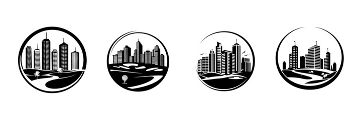 Set of A logo, featuring distant corporate buildings against a serene black and white, cutout on a transparent background