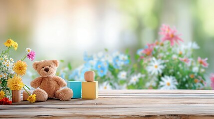 Pluszowy miś siedzi na drewnianym stole obok kolorowego wazonu z pięknymi kwiatami. Obrazek idealny dla dzieci w Dniu Dziecka