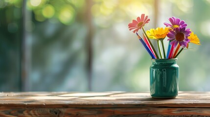 Na drewnianym stole stoi zielona waza wypełniona kolorowymi kwiatami. Kwiaty są różnorodne i wypełniają wazę. Całość prezentuje się atrakcyjnie i uroczo
