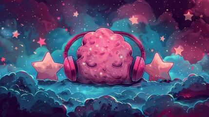 Animated music doodle illustration of a cute brain character wearing star headphones