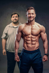 Fototapeta premium A fit man with a shirtless body standing next to another fat one, AI