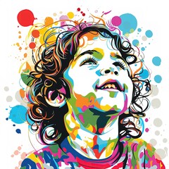 Na obrazie widoczny jest portret dziecka z kolorowymi plamami farby rozmazanymi po twarzy. Malunek wykonany jest w stylu pop-art, na białym tle - obrazy, fototapety, plakaty