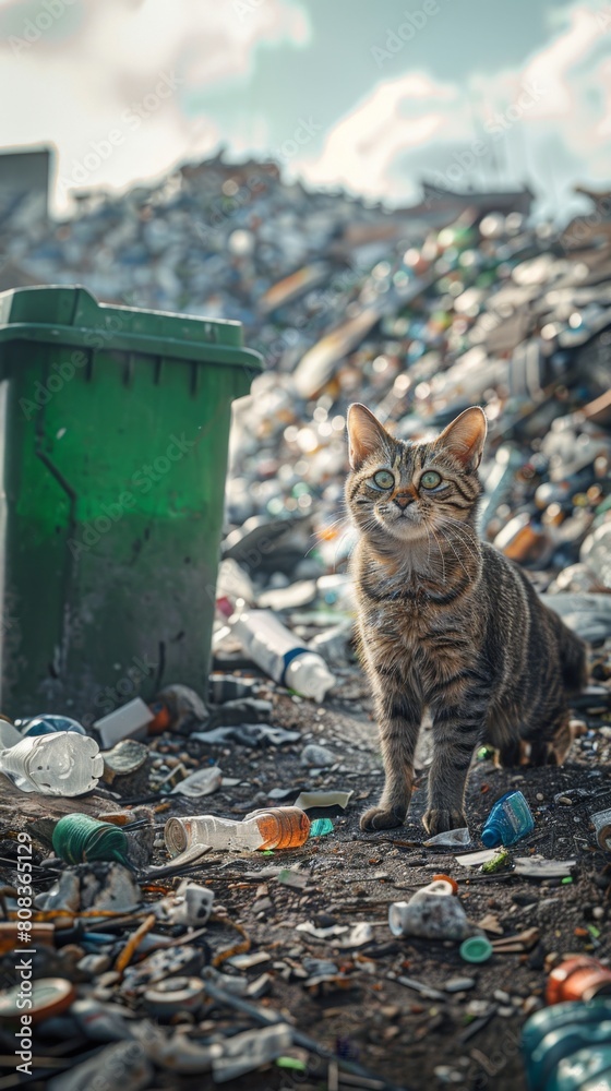 Poster cat looking up standing near trash dump truck in landfill area