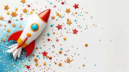 Na białym tle widać papierową rakietę otoczoną gwiazdami, symbolizującą dziecięcą zabawę w wyprawy kosmiczne w dniu dzieci - obrazy, fototapety, plakaty