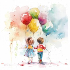 Na obrazie przedstawione są dwie dzieci trzymające balony. Jeden z balonów jest czerwony, a drugi jest niebieski. Dzieci wydają się uśmiechnięte i szczęśliwe