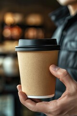 Barista man hands is holding a take away coffee cup