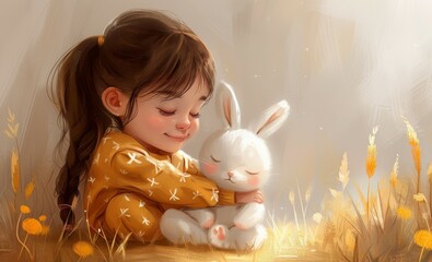 White Rabbit Doll Illustration with a cute little girl hugging it wearing pajamas - obrazy, fototapety, plakaty