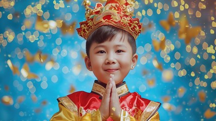 Młody chłopiec ubrany w czerwono-złoty strój z koroną na głowie, właśnie obchodzi Dzień Dziecka