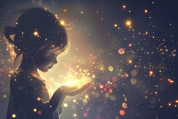 Mała dziewczynka na białym tle trzyma w dłoniach świetlistą latarkę, otoczona błyszczącymi drobinkami podczas Dnia Dziecka - obrazy, fototapety, plakaty