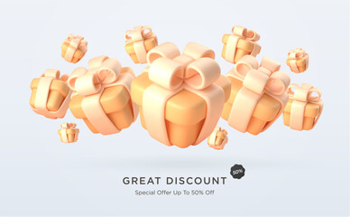 3d realistic festive yellow gift boxes with ribbon and bow. Presents banner advertisement flyer template. Vector illustration.