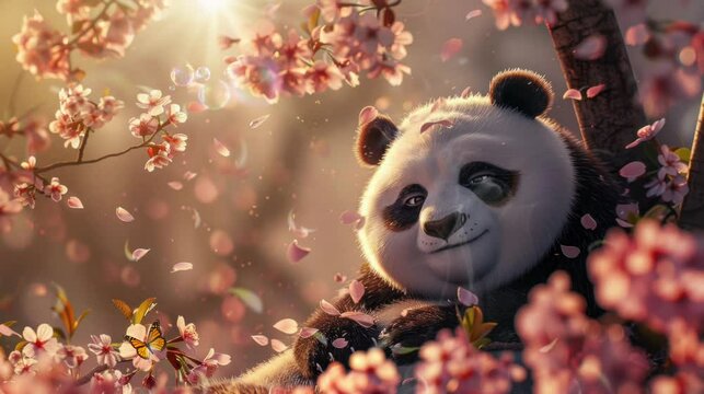 A cute panda sitting relaxed in a grove of beautiful cherry blossoms. seamless looping time-lapse virtual 4k  video Animation Background.