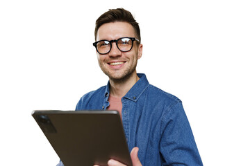 A man manager with glasses uses a tablet, online work in an application, cut isolated