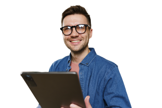 A man manager with glasses uses a tablet, online work in an application, cut isolated