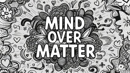 A black and white drawing with the words mind over matter, AI