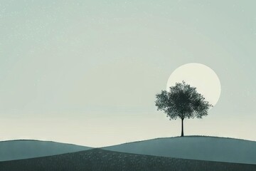 minimalist landscape with solitary tree abstract vector background