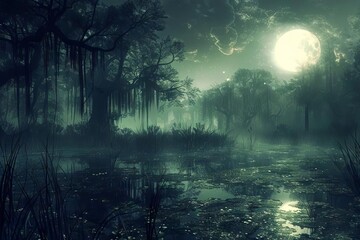 mystical swamp at night enchanting moon illuminating misty wetlands fantasy landscape
