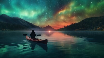 Person Kayaking Under Northern Lights in a Serene Mountain Lake