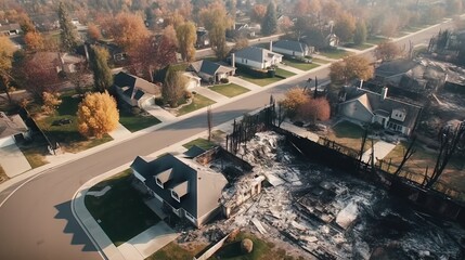 Aerial View of a Residential Neighborhood Showing Contrast Between Intact Homes and a Burnt House