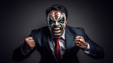 Angry Businessman in Mexican Wrestler Mask Portrays Intense Emotions and Strength in Professional Attire