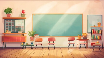 A cartoon drawing of a classroom with a chalkboard, a potted plant