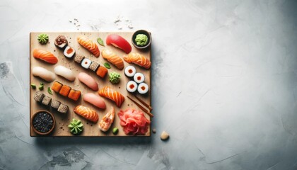 Japanese seafood sushi set, white marble background.