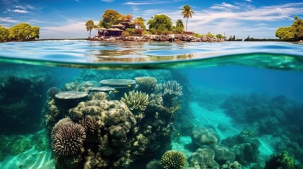 Stunning Tropical Island and Underwater Coral Reef Split View