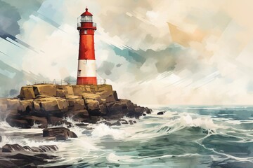 A lighthouse is on a rocky shoreline with the ocean in the background