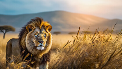 Großer Löwe in der Savanne beobachtet Umgebung bei Sonnenschein mit Bergen im Hintergrund