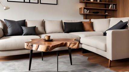 Live edge coffee table near corner sofa. Japandi interior design of modern living room, home.	