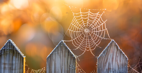 A spider web is on a wooden fence - Powered by Adobe