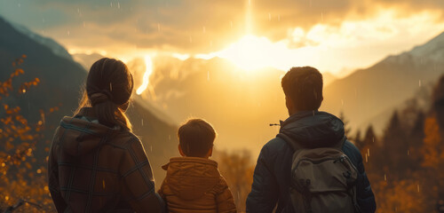 family adventure during sunset with rain over mountain landscape