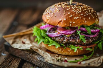 juicy burger with fresh lettuce and onions on rustic wooden table food photography