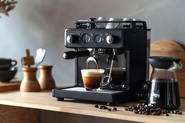 Professional espresso coffee machine with barista accessories on a neutral background, minimalist and elegant staging, culinary photography