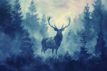 majestic stag in enchanted misty forest mythical creature digital painting