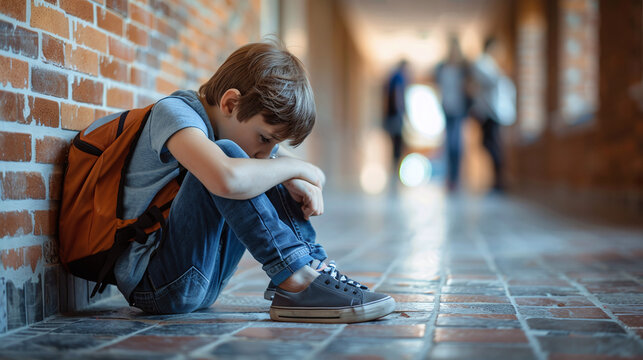 sad and bullied middle school boy student sitting on the hallway floor by himself, head down, outcast