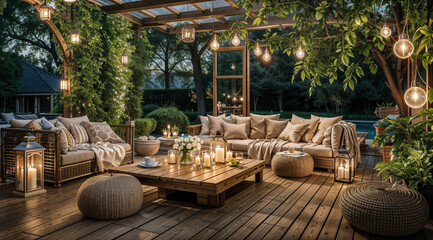 Luxury Outdoor Lounge Area. Patio With Pergola, Wicker Furniture & String Lights. Summer Evening Gathering On Terrace. Backyard Oasis With Pergola