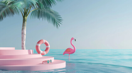 Abstract summer background with podium and palm tree, sunglasses, inflatable flamingo swimming ring on blue ocean water. Summer vacation concept, minimal style.