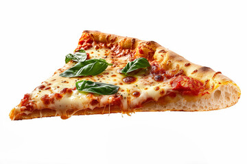 Close-up of a delicious slice of pizza with melted cheese and fresh basil on a white background

