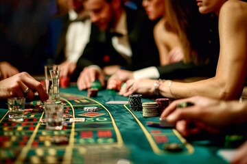 Group of people playing roulette in casino. Gambling concept. Person playing poker