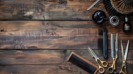 Hairdresser tools on wooden background. Top view on wooden table with scissors, comb, hairbrushes and hairclips, free space. Barbershop, manhood concept  - Powered by Adobe