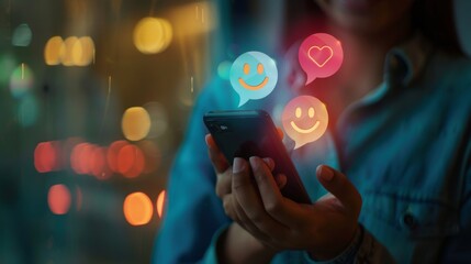 Woman using smartphone at night with colorful social media icons floating