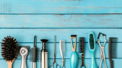 Professional hairdresser tools on blue background. Barber equipment on wooden table. Beauty salon and hairdressing concept - Powered by Adobe