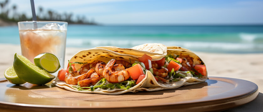 Scenic Beachfront Meal with Shrimp Tacos and Refreshing Drinks