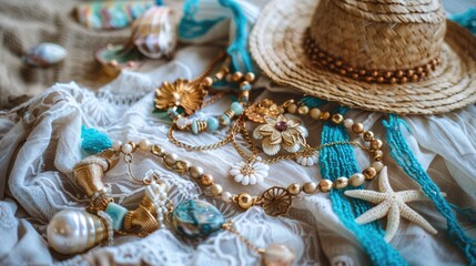 Handcrafted body jewelry made from natural materials, a set of necklace and earrings adorned with intricate patterns, sitting on the sandy beach as a creative art display AIG50