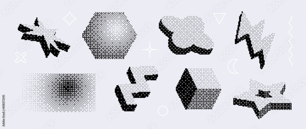 Poster bitmap textured shape set. dither halftone geometric object collection. black cube, zigzag, star, bo